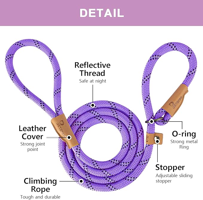 5 FT Slip Lead, Heavy Duty Rope Leash for Small to Large Dogs, No Pull Training Lead with Reflective Thread, Strong Comfortable Loop (Purple Stripe, Medium(3/8"))
