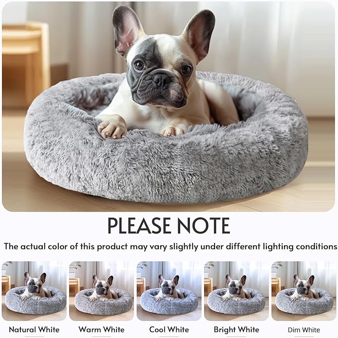 JOLLYVOGUE Calming Dog Bed Medium Size Dog, Anti-Anxiety Donut Medium Pet Bed, 27 inches Fluffy Faux Fur Round Cat Bed (Smoke Grey)