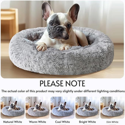 JOLLYVOGUE Calming Dog Bed Medium Size Dog, Anti-Anxiety Donut Medium Pet Bed, 27 inches Fluffy Faux Fur Round Cat Bed (Smoke Grey)