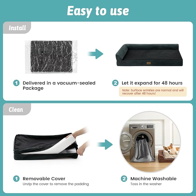 COZY KISS Orthopedic Dog Bed for Extra Large, XXL Dogs Bed, L Shaped Foam Anti-Slip Bottom Giant Pet Cat Sofa with Washable Cover, Suitable for Pet Up to 150 lbs, 48x35x8 inch, Black ﻿