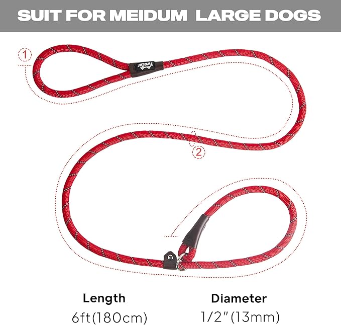TwoEar 6FT Slip Lead Dog Leash, Heavy Duty Slip Leash for Dogs with Highly Reflective, Strong Rope Slip Leads No Pull Pet Training Leashes for Large Medium Dogs (1/2", Red)