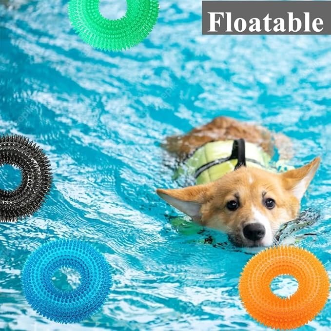 ADUCK Dog Squeaky Chew Toys for Aggressive Chewers, Small Medium Large Dogs Teeth Cleaning Soft Natural Rubber Float Toy for Indoor Outdoor Water Pool, Donut Ring Design 4.92 inch, Pack of 4