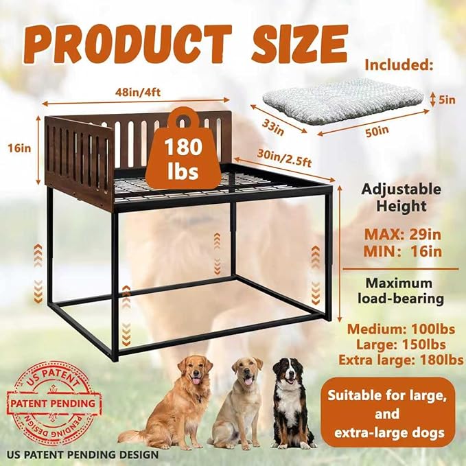Beside Dog Bed,2 Panel Adjustable Height Dog Bunk Beds,48''x 30'' Metal Dogs Bed Frame with Cushion,X-Large