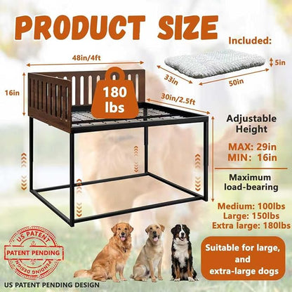 Beside Dog Bed,2 Panel Adjustable Height Dog Bunk Beds,48''x 30'' Metal Dogs Bed Frame with Cushion,X-Large