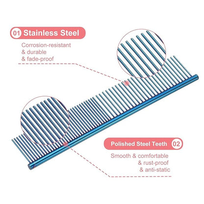 PETAXCELL Dog Cat Comb, Pet Combs Stainless Steel Teeth with Rounded Ends for Knots Mats Loose Hair Removal, 7.5IN (Blue Plated, 3 Pack), Grooming Tool Intended for Long Curly Hair Pet