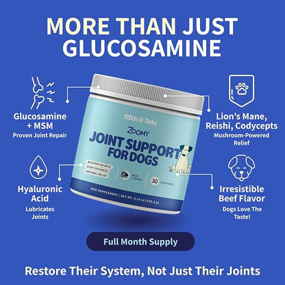 Fifth & Fido Joint Supplement for Dogs - Glucosamine for Dogs - Pet Vitamins and Supplements Powder with Chondroitin & MSM - Hip & Joint Support for Mobility, Stiffness & Flexibility - Mushroom Blend