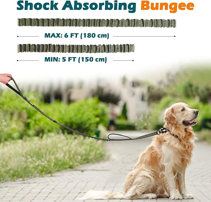 PetBonus Heavy Duty Tactical Dog Leash, 5 FT Bungee Shock Absorption Leash with 2 Padded Handles, Quick Release Metal Clip, Car Seatbelt, No Pull Training Lead for Large Medium Dogs（Army Green）
