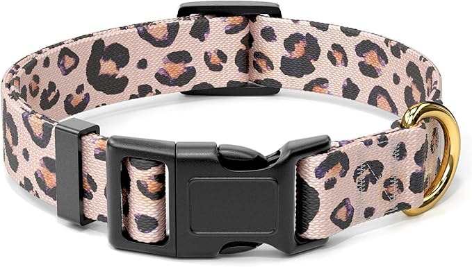 Rnivvi Dog Collar for Small Dogs, Cute Leopard Heavy Duty Adjustable Puppy Collar with Quick Release Buckle for Boy Girl & Female, Pet Accessories for Walking Running, S Length 3/4" Width, Pink