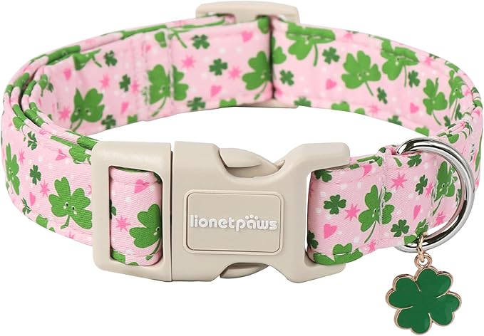 Lionet Paws St. Patrick Dog Collar- Cute Clover Pink Dog Collars with Plastic Buckle, Light Adjustable Dog Collars with Clover Pendant for Medium Dogs