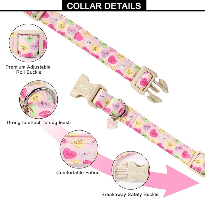 Lionet Paws Valentine's Dog Collar- Cute Pink Sweet Heart Dog Collars with Plastic Buckle, Light Adjustable Dog Collars for Medium Large Dogs