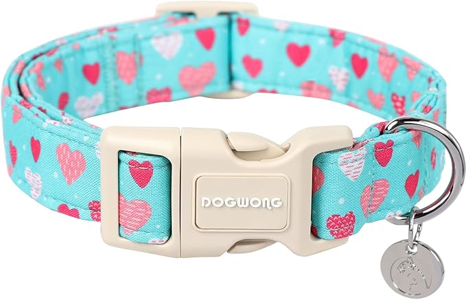 DOGWONG Valentine's Dog Collar - Blue Heart Adjustable Cotton Heart Dog Collar - Perfect for Medium & Large Dogs