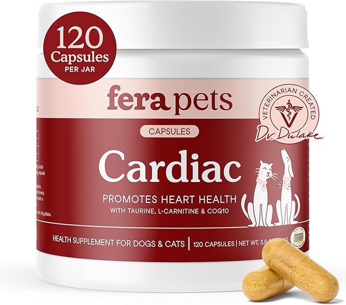 Fera Pets Cardiac Support - Cat & Dog Heart Supplement with Taurine, L-Carnitine, & CoQ10 - Promotes Normal Circulation and Heartbeat - 120 Capsules