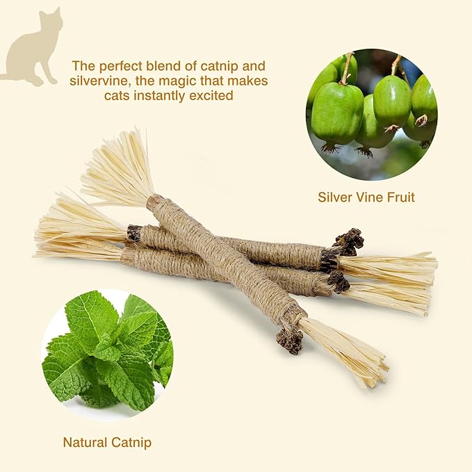 SINROBO 4 Pack Silvervine Sticks for Cats - Cat Chew Toy for Teeth Cleaning, Edible Matatabi Kitty Chew Sticks, Catnip Cat Toys for Indoor Cats (4 Sticks)