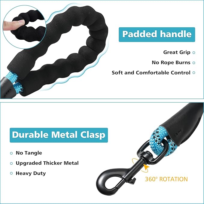 Rttochfy Rope Dog Leash 2/4/5/6/8/10 FT with Comfortable Padded Handle and Highly Reflective Threads for Small Medium and Large Dogs Heavy Duty (1/2"-10 FT, Black)