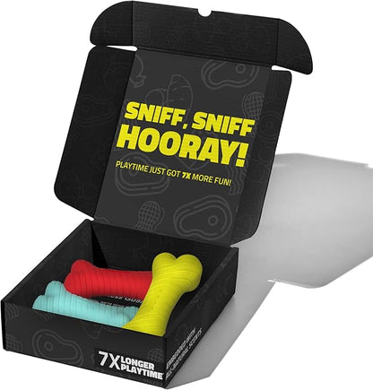 Playology Dog Toys | Rainbow of Scent Chew Toy Gift Box - Dual Layer Bones for Dogs | Peanut Butter, Chicken, & Beef Scented Toys - Easy to Clean and Made from Non Toxic Materials