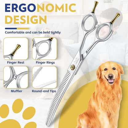 JASON Dog Thinners for Grooming - 7" Down-curved Blender Scissors with 30%-35% Thinning Rate, Japanese 440C Stainless Steel Dog Grooming Thinning Shears with Adjustable Screw (40 Teeth, Silver) Gift