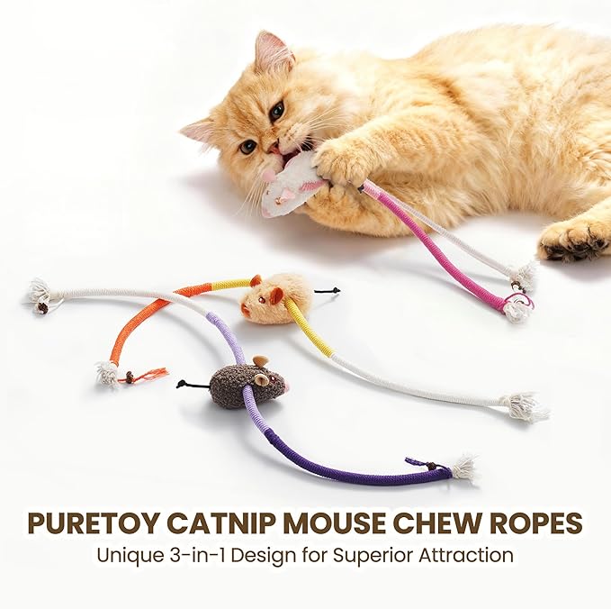 PURETOY Cat Chew Ropes with Catnip Mice, 3Pcs Cat Chew Toys for Kitten/Large Cats Enrichment, 3-in-1 Catnip Toys Mouse & Strong Braided Ropes & Gall Fruits, Cats Teething Toys