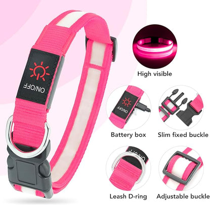 Vizpet LED Dog Collar, Light Up Dog Collar Adjustable USB Rechargeable Super Bright Safety Light Glowing Collars for Dogs (Small, Pink)