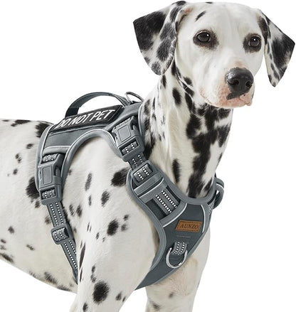 No Pull Dog Harness for Large Dogs with 2 Metal Clips, Easy On/Off with Neck Buckle, Heavy Duty Adjustable Tactical Puppy Vest, Breathable Pet Harness with Easy Control Handle, Gray L