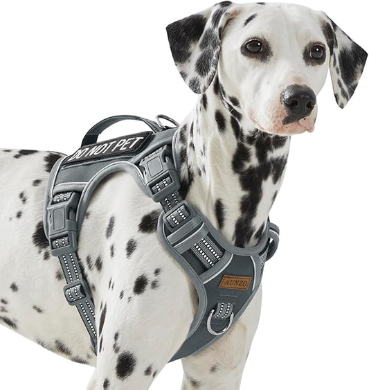 No Pull Dog Harness for Large Dogs with 2 Metal Clips, Easy On/Off with Neck Buckle, Heavy Duty Adjustable Tactical Puppy Vest, Breathable Pet Harness with Easy Control Handle, Gray L
