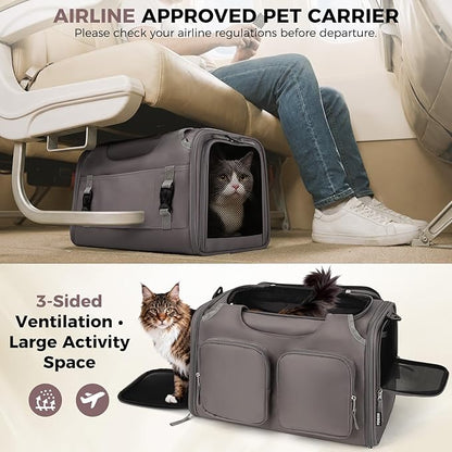 Dog, Cat Carrier for Pets Up to 15 Lbs, Airline Approved Collapsible Soft-Sided Pet Travel Bag with Locking Zippers, Breathable Mesh and 4 Large Pockets, Removable Fleece Pad (Grey)