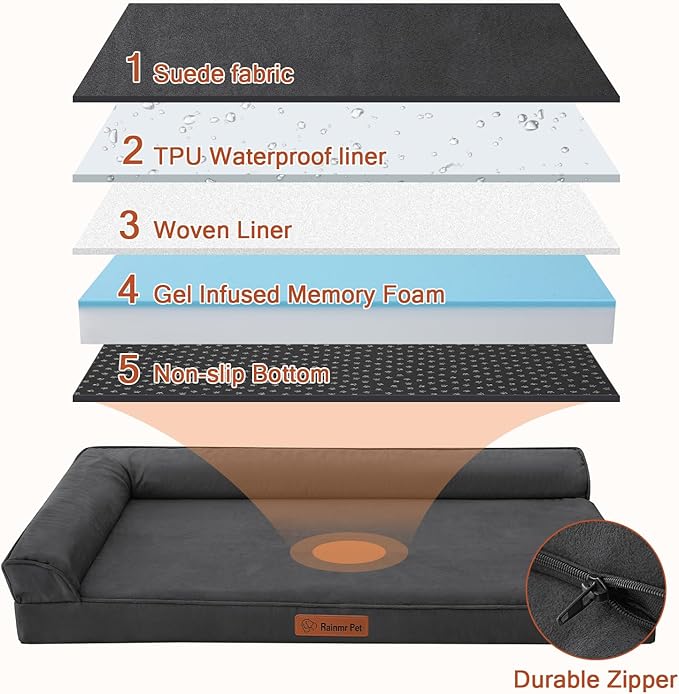 Rainmr Orthopedic Dog Bed Medium Size Dog, Memory Foam Dogs Bed for Medium Dogs, Washable and Removable Microsuede Cover, Waterproof Liner, Non-Skid Bottom, 35x23x6 Inches, Dark Grey
