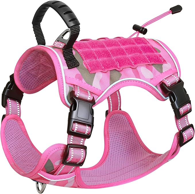 Hotsky Tactical Dog Harness No Pull，Adjustable Service Dog Vest Reflective Military Pet Harness with Control Handle Molle Loop Panels for Training Walking Running(Pink Camo, XL)