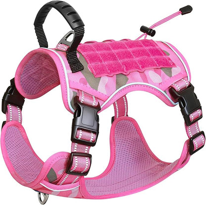 Hotsky Tactical Dog Harness No Pull，Adjustable Service Dog Vest Reflective Military Pet Harness with Control Handle Molle Loop Panels for Training Walking Running(Pink Camo, XL)