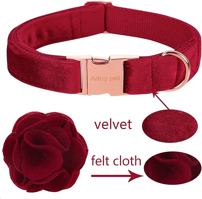 ARING PET Velvet Dog Collars, Christmas Red Soft Pet Collar with Detachable Felt Flower Metal Buckle for Puppy Small Medium Large Boy Girl Dogs-XL