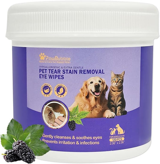 PawBubble Eye Wipes for Dogs and Cats, Tear Stain Remover for Dogs, Gently Cleans Tear Stains and Debris, Safe for Sensitive Eyes, 120 Count