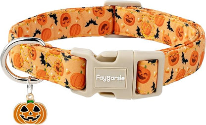 Faygarsle Halloween Dog Collar, Orange Pumpkin and Bat Pattern, Fall Festive Design for Small Medium Large Dogs L