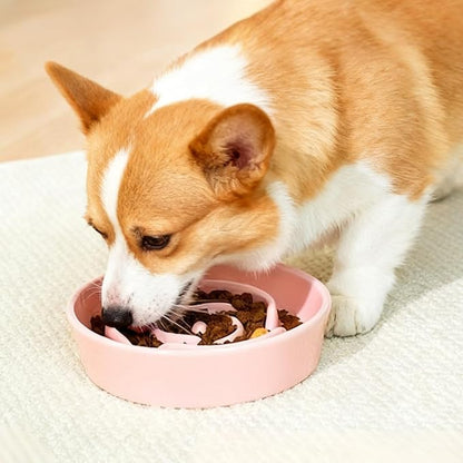 TRUVIC Ceramic Slow Feeder Dog Bowls, 1.5 Cup Puzzle Slow Feeder Bowls for Fast Eaters, Ceramic Dog Food Dish no Black Chin, Puzzle Bowl for Medium Dogs, Pink