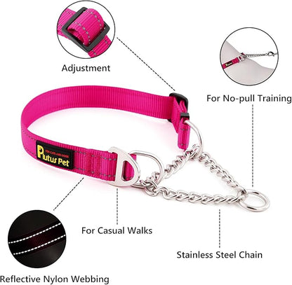 Plutus Pet Martingale Dog Collar with Stainless Steel Chain and Reflective Nylon, Adjustable No Pull Training Collar, for Small Medium, and Large Dogs, Hot Pink, L