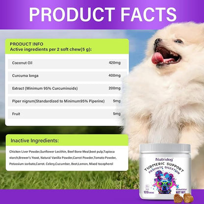 Turmeric Chews for Dogs with Curcumin & Coconut Oil Joint Pain Relief, Anti-Inflammatory Antioxidant Support, 120 Salmon-Flavored Soft Chews for Hip & Joint Mobility (120 Ct, Salmon)