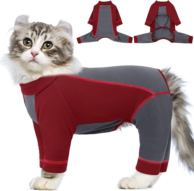 SUNFURA Hair Sticky Cat Clothes, Cat Sweater for Cats Only, 4-Legged Fleece Sweaters Kitten Pajamas Reduce Shedding Fur, Warm Pullover Shirts for Cats, Red XL