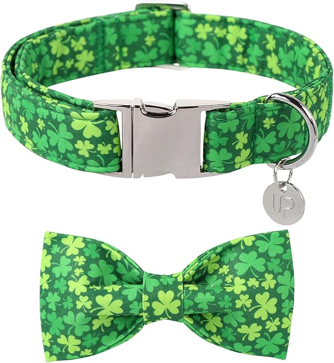 St. Patrick's Day Dog Collar with Bow Tie, Lucky Shamrock Bowtie Collar Adjustable for Girl Boy Dog, Trefoil Dogs Collars Durable, Spring Green Collars for Dogs, S, Neck 10-16in