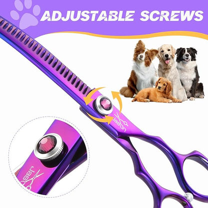 JASON 7.5" Curved Chunkers Shears - Professional Dog Scissors for Grooming, Japanese 440C Stainless Steel Blender Shears with Diamond Adjustable Screw (35 Teeth, Purple) Christmas Gift