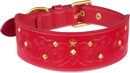 Blueberry Pet Premium Embossed Red Glam Silver-Powered Freshness Microfiber Leather Dog Collar with Gold Studs