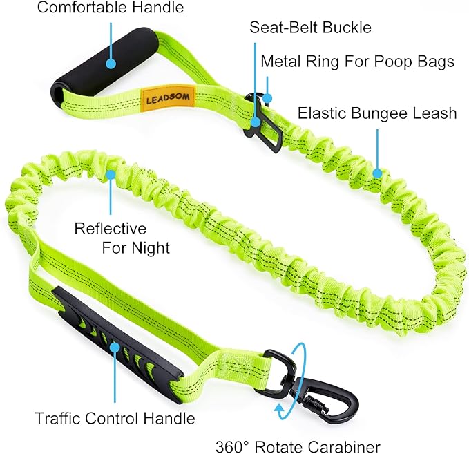 LEADSOM 6FT Highly Reflective Heavy Duty Elastic Bungee Medium and Large Dog Leash Shock Absorbing with Comfortable Padded Handle and Traffic Handle Suitable for Training