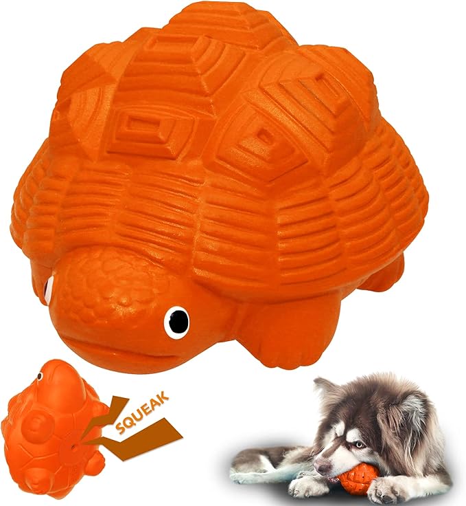 Indestructible All-Rubber Squeaky Dog Toy for Aggressive Chewers, Tough Durable Chew Toy for Medium & Large Breeds, Safe One-Piece Turtle Design, Teeth Cleaning & Boredom Relief