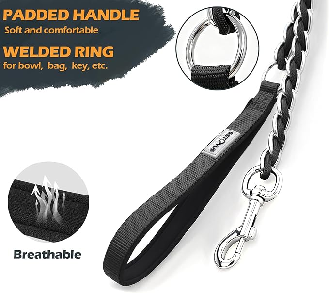Chew Proof Metal Leash Chain Dog Leash for Medium Large Dogs, Chain Link Anti Chew 4FT Strong Anti Bite Comfortable Soft Padded Handle Black
