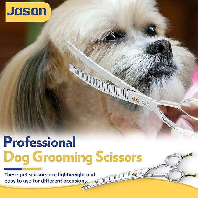 JASON Dog Thinners for Grooming - 7" Down-curved Blender Scissors with 30%-35% Thinning Rate, Japanese 440C Stainless Steel Dog Grooming Thinning Shears with Adjustable Screw (40 Teeth, Silver) Gift