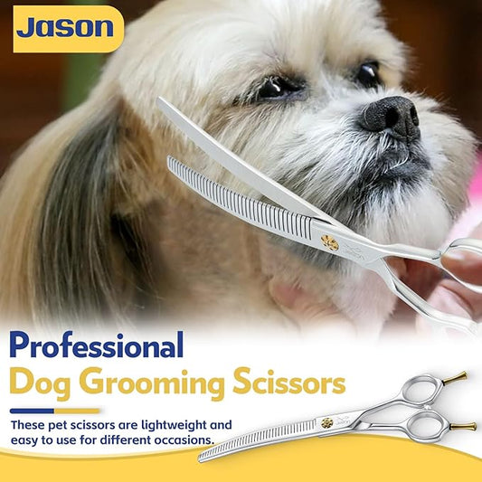 JASON Dog Thinners for Grooming - 7" Down-curved Blender Scissors with 30%-35% Thinning Rate, Japanese 440C Stainless Steel Dog Grooming Thinning Shears with Adjustable Screw (40 Teeth, Silver) Gift
