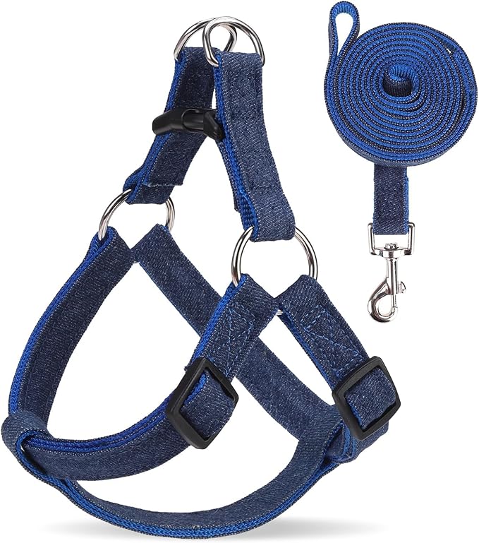 BINGPET Denim Step-in Dog Harness,No Pull Escape-Proof Dog Harness and Leash Set,Adjustable Quick Fit Dog Halter Vests for Small Medium Size Dogs Back Clip Anti-Twist for Easy Walking Training Running