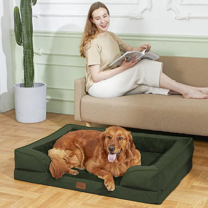 Comfort Expression Orthopedic Dog Bed for Extra Large Dogs 42x30 Inch, Waterproof Egg Crate Foam XL Pet Bed with Removable Bolsters, Dog Couch with Washable Cover & Non-Slip Bottom, Olive Green