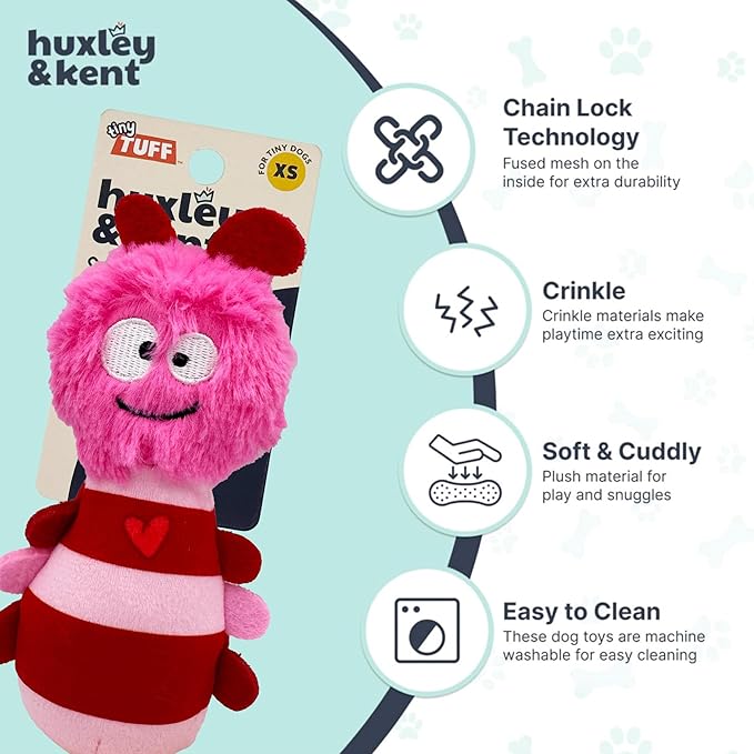 Huxley & Kent Funny Dog Toy w/Squeaker – Valentine's Day Power Plush Squeaky Dog Toys for Small Dogs – Durable Small Stuffed Animal for Indoor Play & Fetch - Tiny Tuff Love Bug