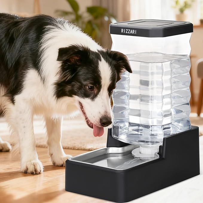 RIZZARI Stainless Steel Pet Waterer: 9L Black Gravity Fed Water Dispenser Leak-Proof for Senior Dogs Joint Care Home Owners - with Filter - Bedroom Garden Use