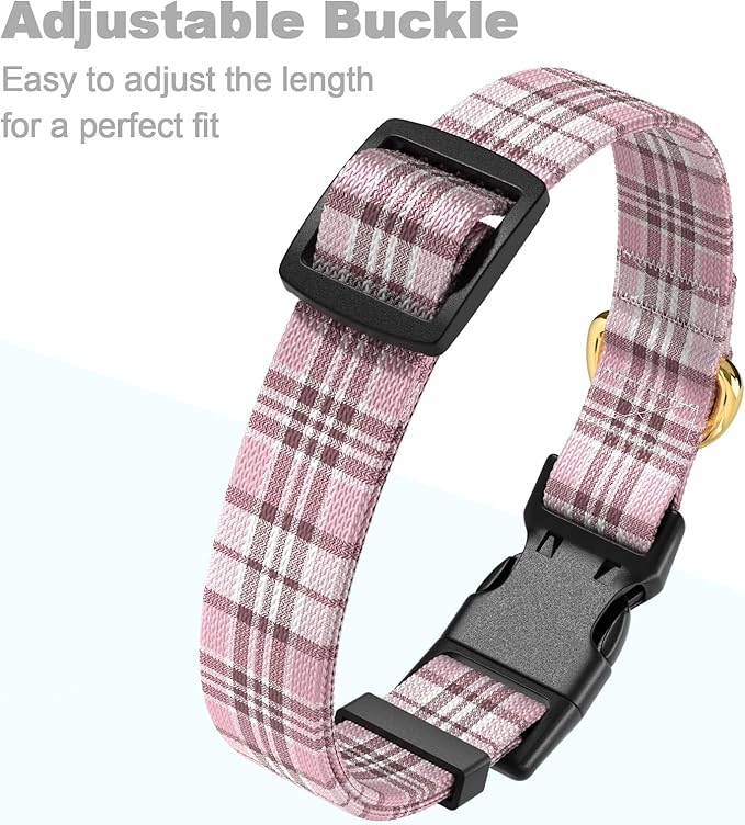 Rnivvi Dog Collar for Medium Dogs, Cute Heavy Duty Adjustable Puppy Collar with Quick Release Buckle for Boy Girl & Female, Pet Accessories for Walking Running, M Length 1" Width, Pink Tartan