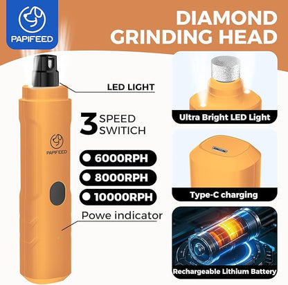 PAPIFFEED Dog Nail Clippers & Dog Nail Grinder, Quiet 3-Speed Electric Dog Nail Trimmers with Dual LED Light, Rechargeable Pet Nail File for Small Medium Large Dogs & Cats (Orange)