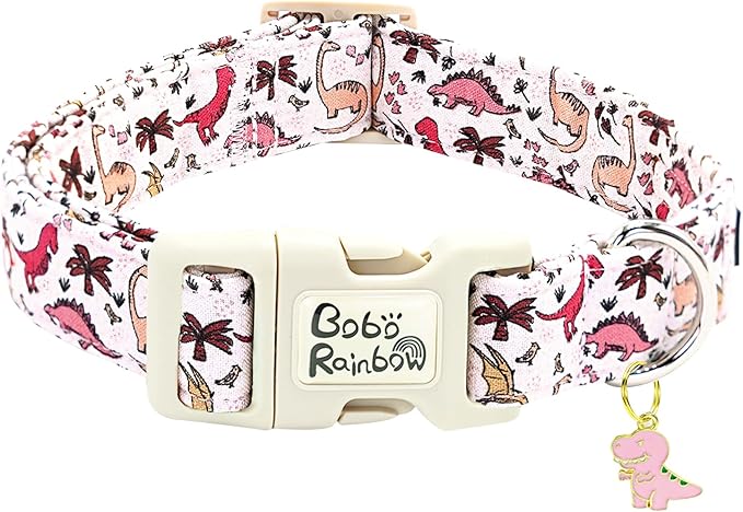 Dog Collar-Pink Dinosaur Print Adjustable Pet Collars Cute Soft Comfortable Cotton Puppy Collar Durable Gift for X-Small Dogs